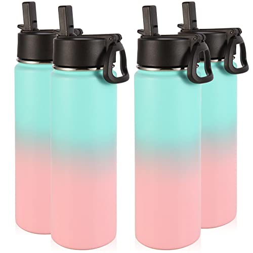 Volhoply Insulated Water Bottles with Straw Bulk 4 Pack, 22 oz Stainless Steel Sports Bottle with Handle Lid,Double Walled Vacuum Metal Travel Water Cups Flask for School Hiking(Green Pink,4 Set) - color: Green Pink