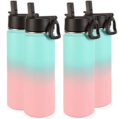 Volhoply Insulated Water Bottles with Straw Bulk 4 Pack, 22 oz Stainless Steel Sports Bottle with Handle Lid,Double Walled Vacuum Metal Travel Water Cups Flask for School Hiking(Green Pink,4 Set) - color: Green Pink