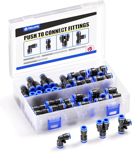 TAILONZ PNEUMATIC 1/4 Inch od Push to Connect Fittings Pneumatic Fittings Kit 15 Spliters+15 Elbows+15 tee+15 Straight (60 pcs) - color: Blue, size: 1/4"OD/60PCS