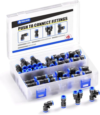 TAILONZ PNEUMATIC 1/4 Inch od Push to Connect Fittings Pneumatic Fittings Kit 15 Spliters+15 Elbows+15 tee+15 Straight (60 pcs) - color: Blue, size: 1/4"OD/60PCS