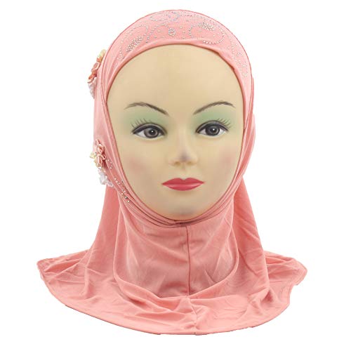 Instant Hijab for Kids Girls Hijabs Muslim Islamic Head Scarf with Rhinestone and Flowers - color: Orange Pink