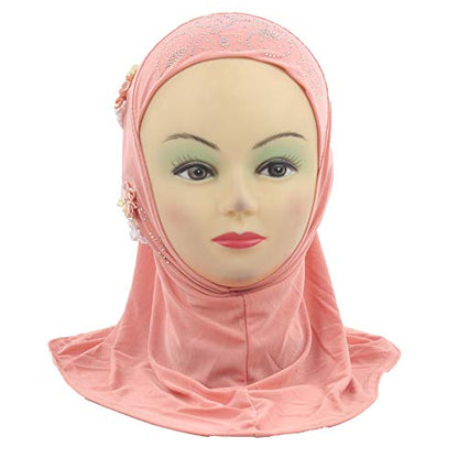 Instant Hijab for Kids Girls Hijabs Muslim Islamic Head Scarf with Rhinestone and Flowers - color: Orange Pink