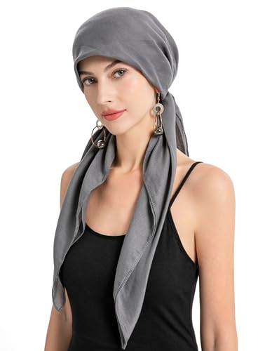 ZLYC Chemo Headwear Long Pre Tied Head Scarf Beanie for Women - color: Solid Dark Gray