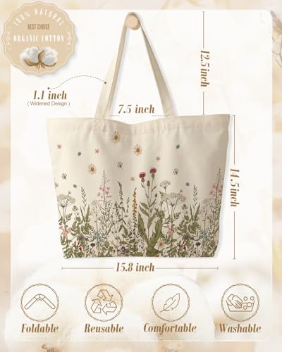 Miss Adola Large Tote Bag for Women - Canvas Tote Bag with Zipper Aesthetic Reusable Shoulder Bag for Gym, Travel, Work - style: Flower Grass