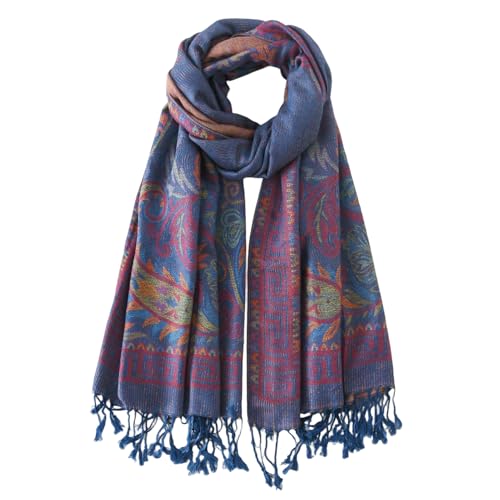 Paisley Pashmina Rave Shawl Scarf-Women's Reversible Ethnic Jacquard Pashmina Wraps for Travel - color: B#. Royal Blue