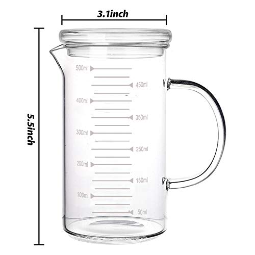 500ml Glass Measuring Cup with Lid Heat Resistant Handle Measured Mixing Glass Mug Clear Scale V-Shaped Spout for Milk Coffee Liquid Beaker Drinking Glasses Measure Jugs, Microwave Oven Freezer Safe - color: 500ml, with lid