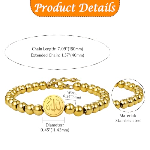 Aroncent Allah Stainless Steel Bracelet: Black Beaded Chain Islamic Jewelry - Ramadan Eid Gift for Men and Women - color: gold