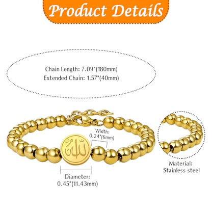 Aroncent Allah Stainless Steel Bracelet: Black Beaded Chain Islamic Jewelry - Ramadan Eid Gift for Men and Women - color: gold