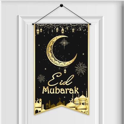 Ramadan EID Mubarak Hanging Door Sign EID Decorative Hanging Sign Party Decorations Black Gold Moon Lantern Banner for Ramadan Kareem Eid Al-Adha Sign Home Decor Happy EID Ramadan Party Supplies Favor - style: Eid Mubarak