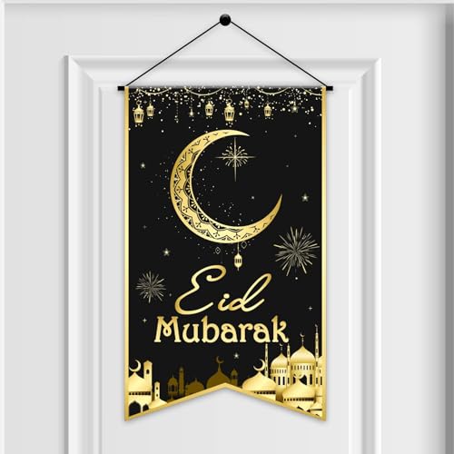 Ramadan EID Mubarak Hanging Door Sign EID Decorative Hanging Sign Party Decorations Black Gold Moon Lantern Banner for Ramadan Kareem Eid Al-Adha Sign Home Decor Happy EID Ramadan Party Supplies Favor - style: Eid Mubarak
