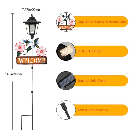 Lewondr Solar Garden Lights Bee, 37.4 Inch Solar Lamp Post Light with Welcome Sign & Bees, Outdoor Waterproof Solar Stake Lights for Yard Porch Patio Pathway Gardening Gifts, 2 Pack - style: Pink Flowers & Bees