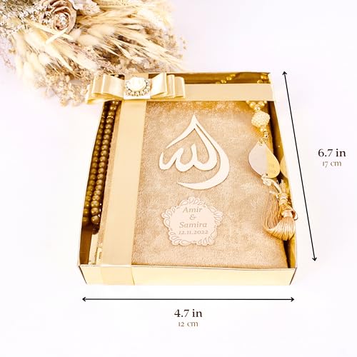 IEF Personalized Yaseen Dua Book Prayer Beads Islamic Gift Set, Ramadan Eid Wedding Birthday Anniversary Mother's Day Father's Day Gifts, Party Favors for Guests (Style-1) | Personalized Velvet Dua Book and Tasbeeh set - color: Gold