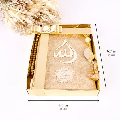 IEF Personalized Yaseen Dua Book Prayer Beads Islamic Gift Set, Ramadan Eid Wedding Birthday Anniversary Mother's Day Father's Day Gifts, Party Favors for Guests (Style-1) | Personalized Velvet Dua Book and Tasbeeh set - color: Gold