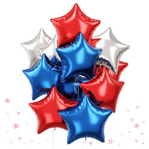 Blue Red Star Balloons, 18 Inch 12Pcs Navy Blue Red and Metallic Silver Stars Shape Foil Balloons, Helium Pentagram Balloon for Kids Cartoon Birthdays Graduation Baseball 4th of July Independence Day - color: Blue Red Silver