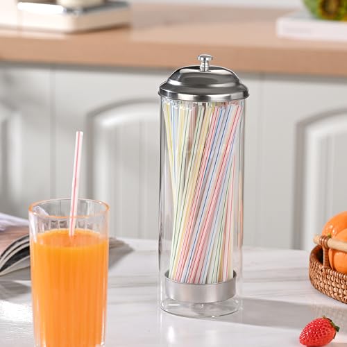 Fox Run Glass Straw Holder with Stainless Steel Lid & Lifter For Countertop | 3.5" x 10.5" Dispenser with 100 Straw Capacity | Stores Chopsticks, Pencils, Pencils, Forks & More | Dishwasher Safe Holder