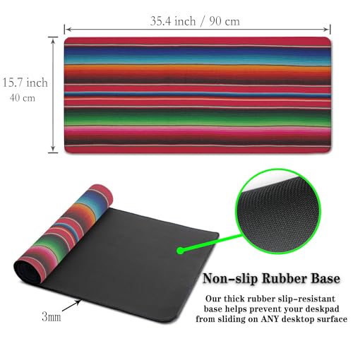 Desktop Mat Colorful, Desk Mouse Pad Gaming Desk Mats, Office Items Non-Slip Rubber Base Waterproof with Stitched Edges, 35.4 X 15.7 inch for Work/Game/Office/Home Mexican Stripes Style - color: Mexican Stripes Style