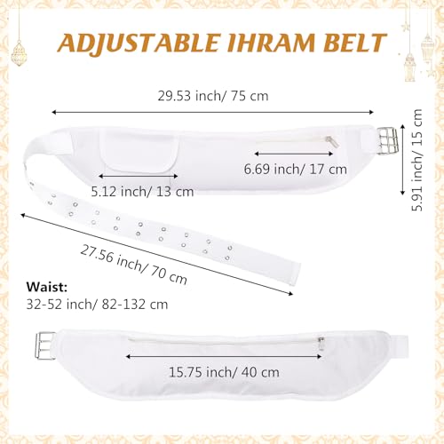 Dansydaisy Ihram Belt for Hajj and Umrah White Adjustable Ihram Waist Belt with Zippered Pockets Fits 32" up to 52" - style: 1 Pocket
