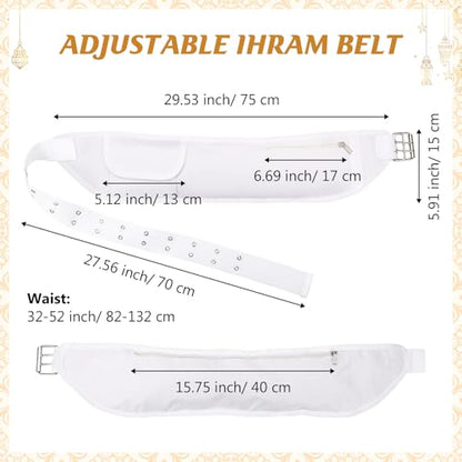 Dansydaisy Ihram Belt for Hajj and Umrah White Adjustable Ihram Waist Belt with Zippered Pockets Fits 32" up to 52" - style: 1 Pocket