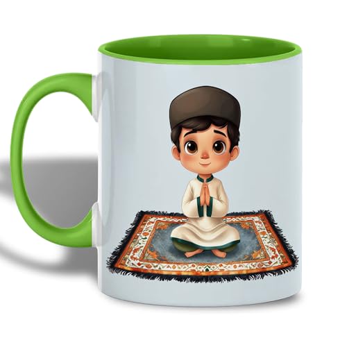 Muslim Prayer Mug, Islamic Coffee Mug, Ramadan Gift, Eid Celebration Drinkware, Boy Praying on Prayer Mat, Spiritual Islamic Art, Elegant Minimalist Design, Ceramic Tea Cup for Home and Office