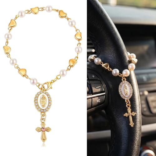Cross Steering Wheel Charm, Catholic Car Rosary, Christian Car Accessories Rearview Mirror Hanging, Virgin Mary Crucifix Pendant Car Decor for Women Men (Love Heart) - color: Love Heart