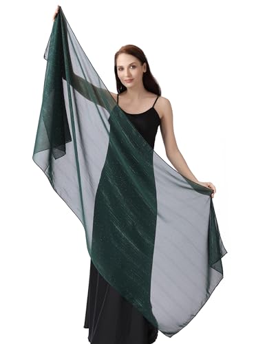 Women's Sheer Chiffon Shawl Wrap Scarf With Silver Thread,Lightweight Sparkling Rhinestone Versatile Hijab Stole - color: Dark Green