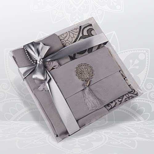 BABY SHOWER CHOCOLATE Prayer Rug Islamic Gift Set, Velvet Prayer Mat, Prayer Beads, Scarf and Yaseen Book, Perfect Family and Muslim Eid Gifts (Gray) - color: Grey