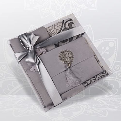 BABY SHOWER CHOCOLATE Prayer Rug Islamic Gift Set, Velvet Prayer Mat, Prayer Beads, Scarf and Yaseen Book, Perfect Family and Muslim Eid Gifts (Gray) - color: Grey