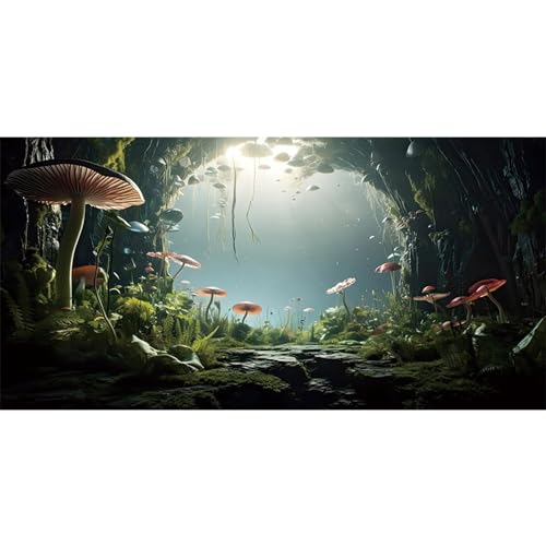 AWERT 36x18 inches Aquarium Background Foggy Stone Mushroom Moss Terrarium Background Polyester Green Plants Cave Fish Tank Background | AWERT Green Plant Stone Cave Polyester Terrarium Background - size: 36x18in/90x45cm