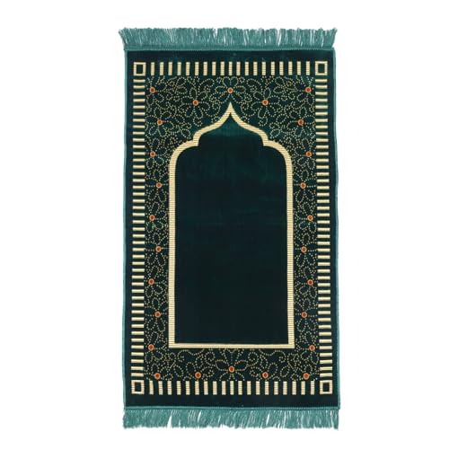 Muslim Prayer Rug, Soft Plush Thin Islamic Prayer Mat, Janamaz, Sajada, Praying Carpet, Islamic Gift for Men & Women, Islamic Ma, Eid & Ramadan Gift with Prayer Beads, 26x43 inch, Green - color: Riyadh / Emerald Al-masjid Green
