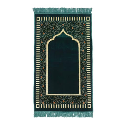 Muslim Prayer Rug, Soft Plush Thin Islamic Prayer Mat, Janamaz, Sajada, Praying Carpet, Islamic Gift for Men & Women, Islamic Ma, Eid & Ramadan Gift with Prayer Beads, 26x43 inch, Green - color: Riyadh / Emerald Al-masjid Green