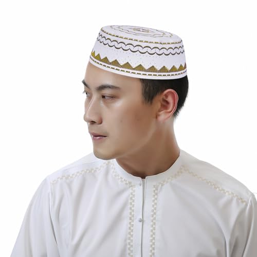 RUIXIA Men Boys Muslim Prayer Kufi Hat Skull Cap Embroidery Islam Kufi Headware takke Praying Beanie Hat Kofia Topi Hat - color: Yellow-teens/Aults