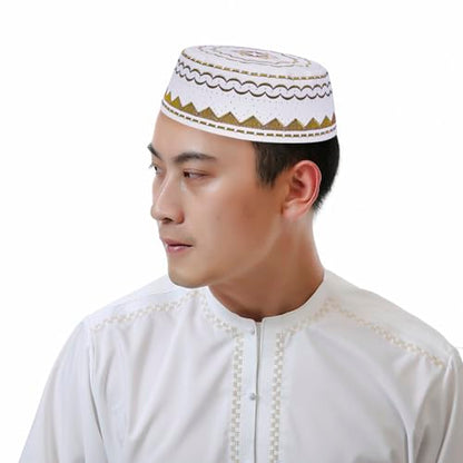 RUIXIA Men Boys Muslim Prayer Kufi Hat Skull Cap Embroidery Islam Kufi Headware takke Praying Beanie Hat Kofia Topi Hat - color: Yellow-teens/Aults