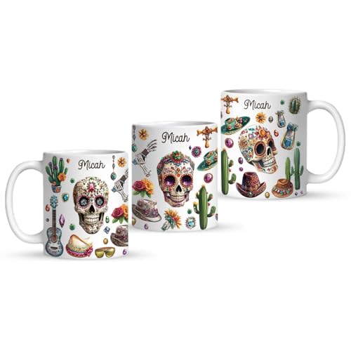 Personalized Name Ceramic Cup, Custom Artistic Skull Coffee Mug, Customized Mexican Inspired Full Wrap Cup, Vibrant Floral And Cactus White Cup 11oz 15oz, Gift For Friends Family - color: XUA-1124-3659-Mexican Holiday Mug
