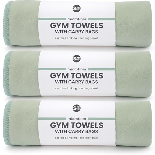 S&T INC. Seude Microfiber Gym Towels & Carry Bags, 3 Pack, 12" x 40", Green | Absorbent and Lightweight Camping Towel, Cooling Towel with Bags, Quick-Dry and Compact for Tavel, Machine Washable - color: Sage (3 Pack)