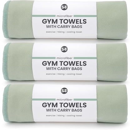 S&T INC. Seude Microfiber Gym Towels & Carry Bags, 3 Pack, 12" x 40", Green | Absorbent and Lightweight Camping Towel, Cooling Towel with Bags, Quick-Dry and Compact for Tavel, Machine Washable - color: Sage (3 Pack)