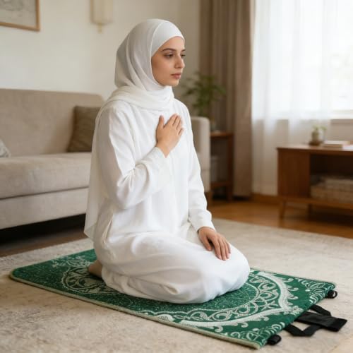 Foldable Thick Prayer Rug with Back Support, Portable Prayer Mat Set Green | 36x78cm Islamic Prayer Mat, Includes Kufi Hat & 99 Beads Tasbih, Meditation Rug for Muslim, Ramadan Gift Set - color: Green