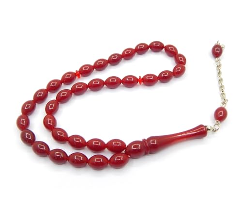 Perlin Muslim Prayer Beads 33 Bead Tasbih Islamic Misbaha Subha Dhikr Prayer Rosary with 12 x 8 mm Oval Beads Ottoman Style Prayer Necklace with Metal Tassel Handmade Islamic Gift 25 cm (Claret Red) - color: claret