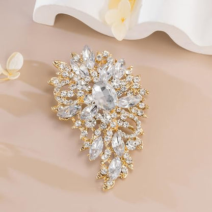 SELOVO Women's Rhinestone Crystal Wedding Flower Leaf Sparkle Brooch Pin - color: Clear Gold Tone