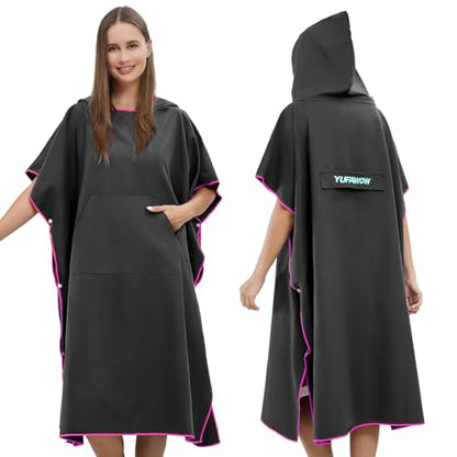 Yufawow Men Women Hooded Towel Changing Wearable Cloth Swimsuit Bikini Coverup Dry Robe Bathing Swim Parka Jacket Suit Dress Wrap Plus Size for Beach Hiking Pee Surf Board Pool Shower - color: Black