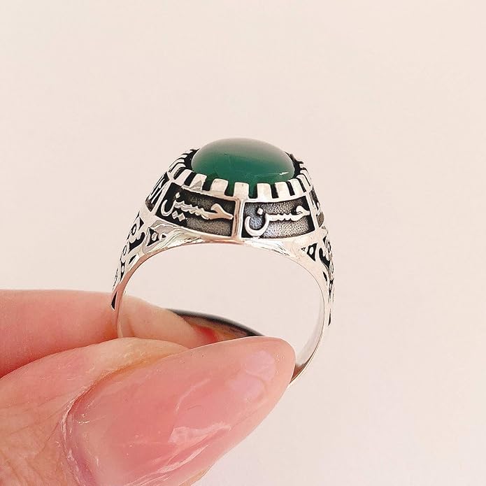 Islamic Sterling Silver Ring with Black Yemeni Aqeeq Stone, 925 Silver Religious Engraved Design, Ahlulbayt Muslim Prayer Jewelry for Men and Women,islamic ring,islamic men wowan ring - color: Green Yemeni Agate