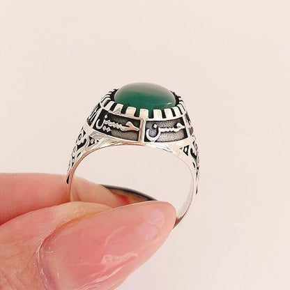 Islamic Sterling Silver Ring with Black Yemeni Aqeeq Stone, 925 Silver Religious Engraved Design, Ahlulbayt Muslim Prayer Jewelry for Men and Women,islamic ring,islamic men wowan ring - color: Green Yemeni Agate