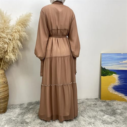 Abayas For Women Muslim Ramadan Long Sleeve Open Front Imitation Pearls Tiered Chiffon Dress Cardigan with Belt Dubai Kaftan - color: Brown, size: Medium