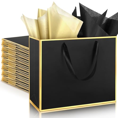 ReliThick 12 Pack Paper Gift Bag with Handles & Tissue, Black, Gold - color: Black, Gold