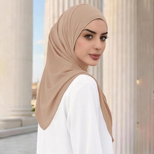 Instant Hijab Ready To Wear Hijab Scarf for Women Soft Long Muslim Jersey Hijabs Head Scarf for Prayer Abaya - color: Khaki