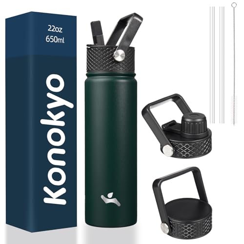 Konokyo 22oz Stainless Steel Bottles with 3 Lids Sport Insulated Water Bottle,Army Green - color: Army Green, size: 22 Ounces