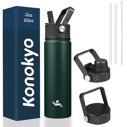 Konokyo 22oz Stainless Steel Bottles with 3 Lids Sport Insulated Water Bottle,Army Green - color: Army Green, size: 22 Ounces