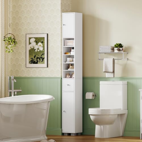 Bathroom Cabinet, Narrow Bathroom Storage Cabinet with 5 Adjustable Shelves & Drawer, Freestanding Cupboard for Small Spaces, White - color: White-5 Shelves