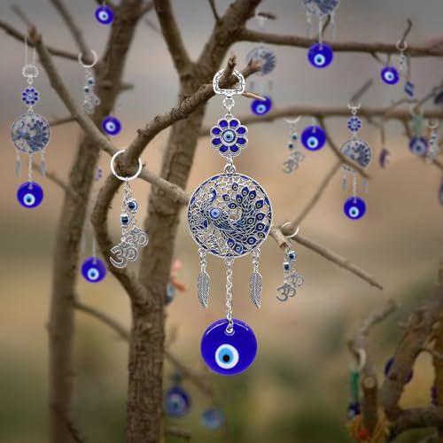 Evil Eye Car Charm Key Chain Car Hanging Accessories 4 Pack - Turkish Evil Eye Wall Decor Nazar Amulet Boncugu Peacock Hindu OM Diwali Decor Home Window Door Entryway Shrine Spiritual Ornaments