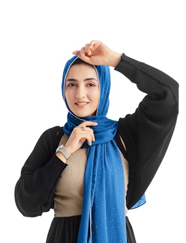 Hijab for Women Premium Chiffon Hijab Rhinestone Hijab Scraf for Women Muslim - color: French Blue