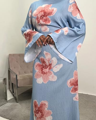 Women Butterfly Abaya Elegant Prayer Dress with Bell Sleeve, Waist Tie, Stylish Floral Printed Maxi Robe - color: Blue, size: X-Large